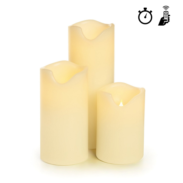 Set of 3 - Ivory Melted Look Wax Pillar Candles with Free Remote Control (SCM3-SET)