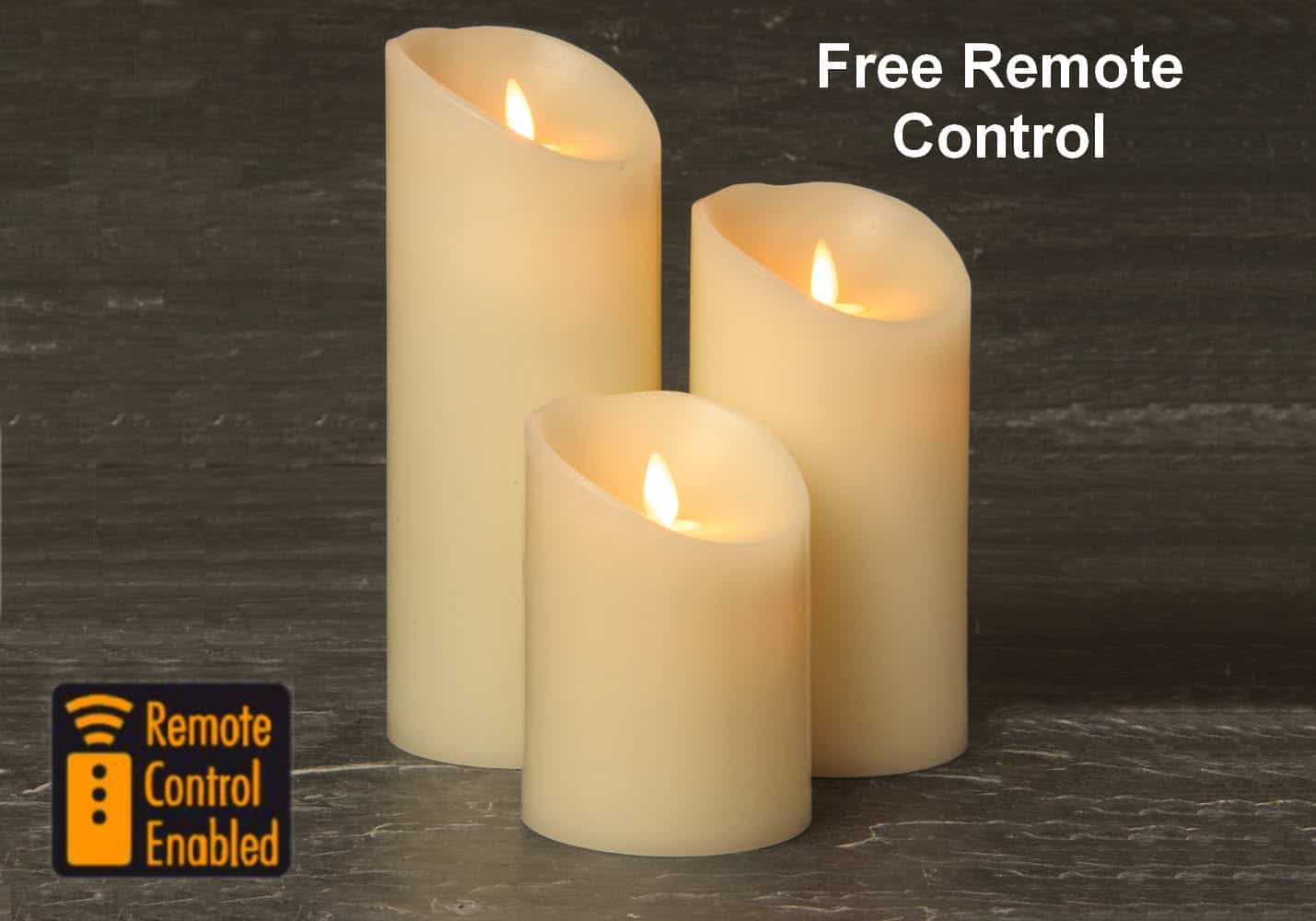 Set of 3 — 3.5″ (diam) Luminara Ivory Wax Pillar Candles with Free Remote Control (SLUM35-SET)