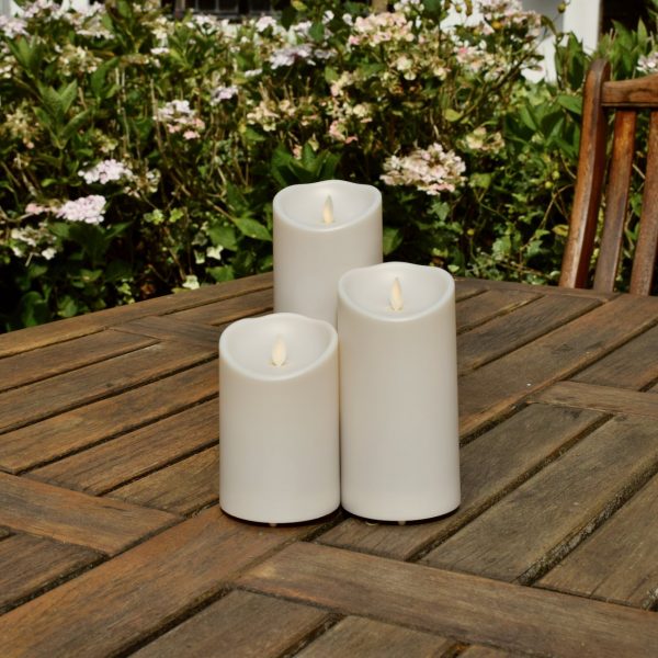 Set of 3 - Luminara OUTDOOR Ivory Pillar Candles inc Free Remote          (OD09-SET)