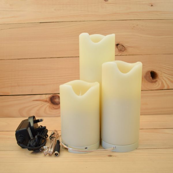 Set of 3 - Mains Powered LED Wax Pillar Candles and Power Supply (SC-LV3Set)
