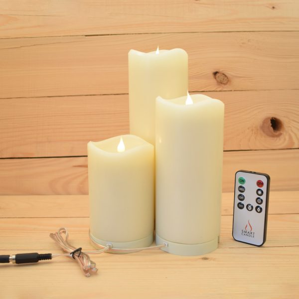 Set of 3 - Mains Powered Smart Flame 360° Moving Flame LED Wax Pillar Candles and Power Supply (SF-LV3Set)