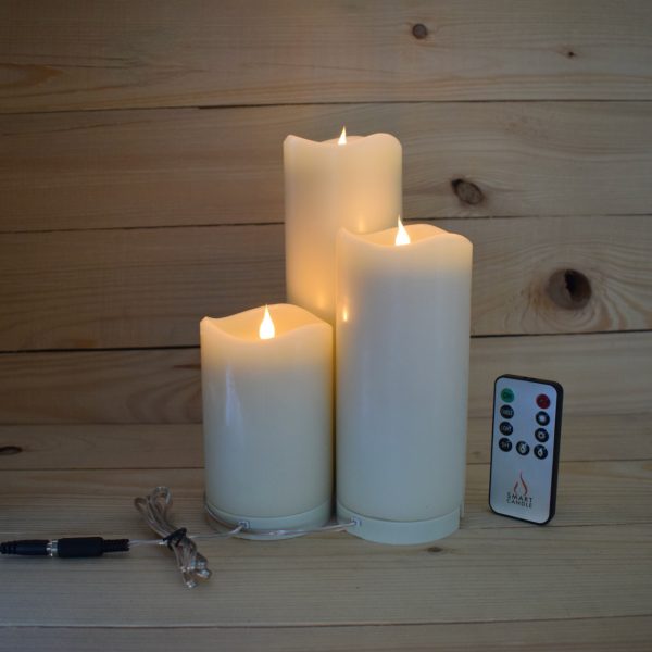 Set of 3 - Mains Powered Smart Flame 360° Moving Flame LED Wax Pillar Candles and Power Supply (SF-LV3Set) - Image 2