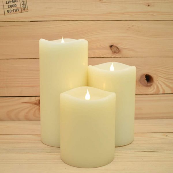 Set of 3 - 4" (diam) Smart Flame Ivory Wax Pillar Candles with Free Remote Control (SF4-SET)