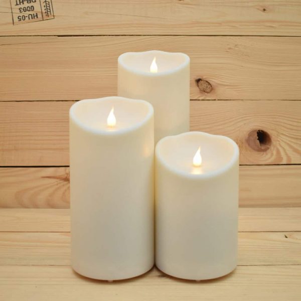 Set of 3 - Smart Flame OUTDOOR Ivory Pillar Candles inc Free Remote (SFOD09-SET)